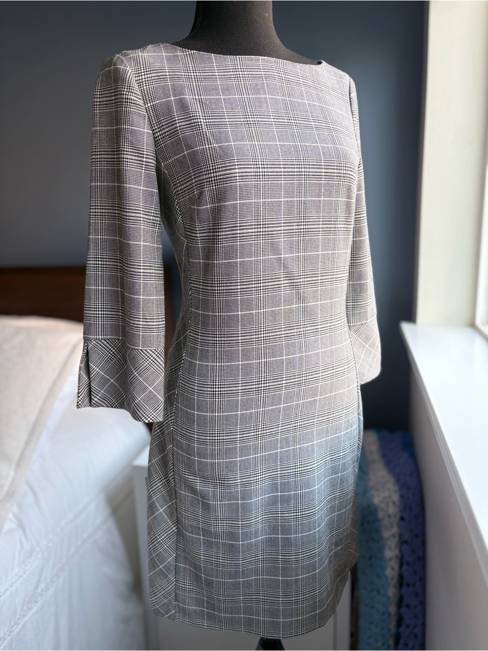 H&M Glen Check Plaid Houndstooth Ballet Neck 3/4 Sleeve A-Line Shift Mini Dress - Picture 7 of 15